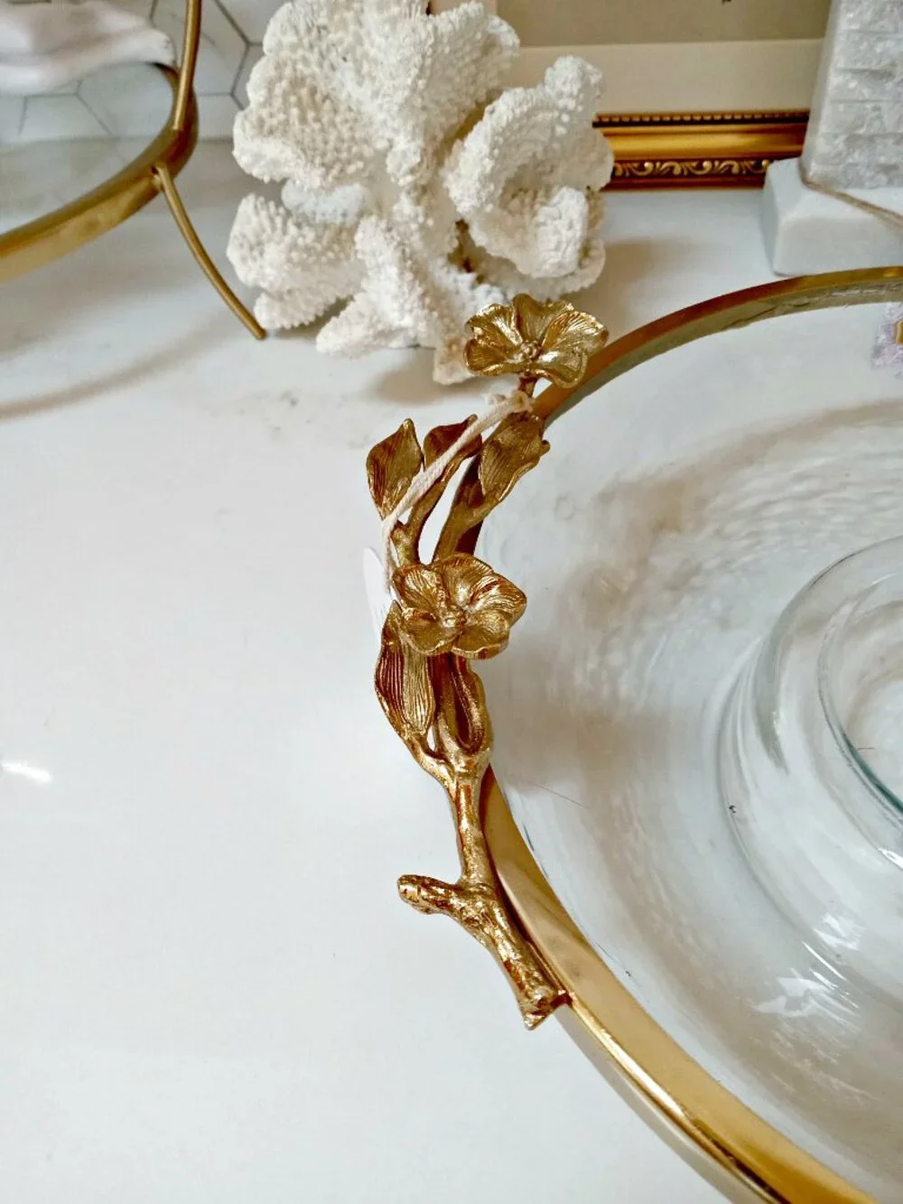 NEW! CAST METAL FLORAL & GLASS CHIP & DIP SHRIMP BOWL